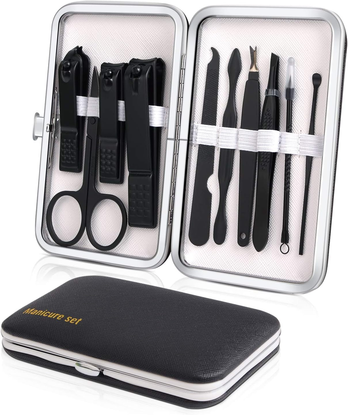 Manicure Set, Travel Mini Nail Clippers Kit Pedicure Care Tools, 10Pcs Stainless Steel Grooming Kit (Black)